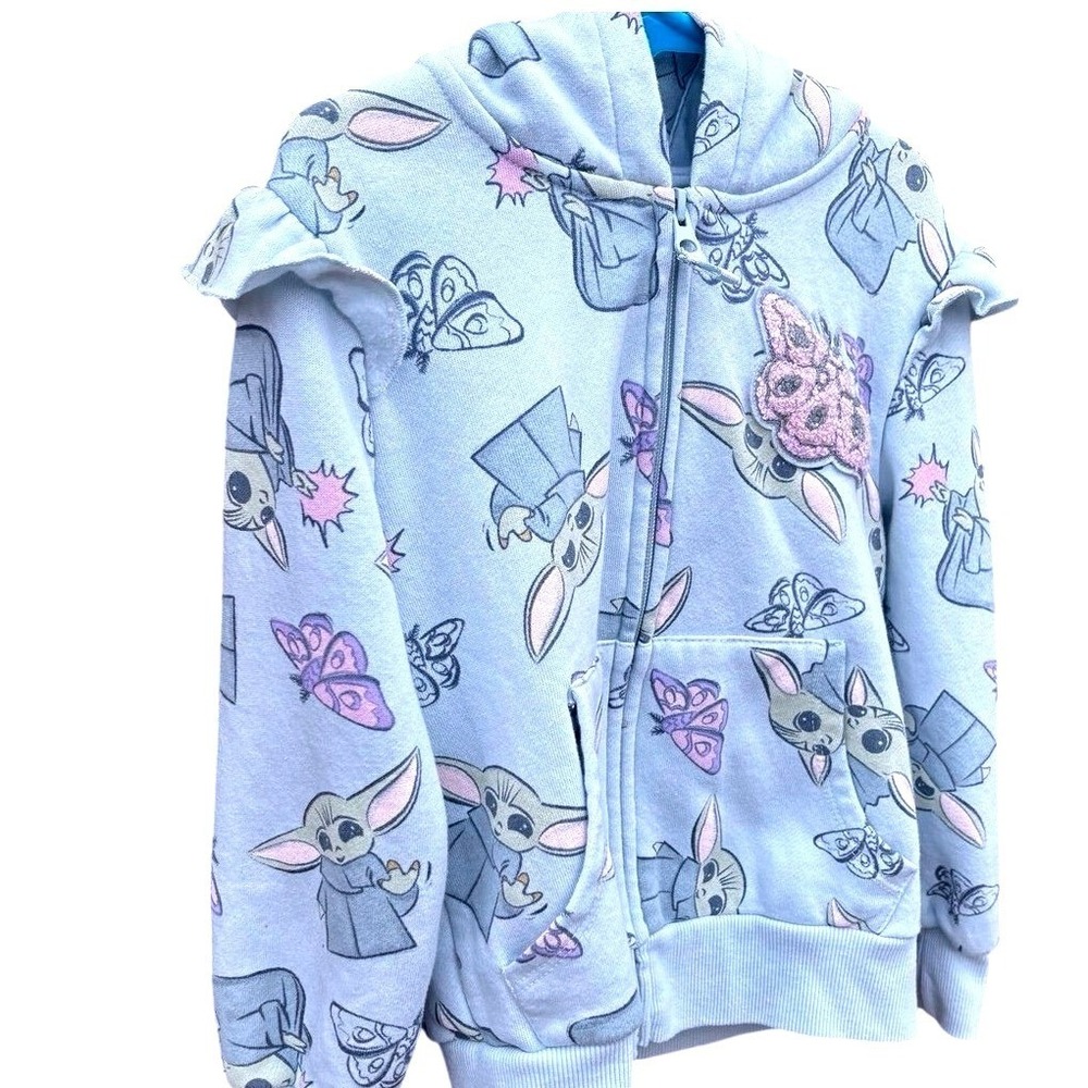 Star Wars Grogu Zip Hoodie Kids Size 6 Blue Ruffle Baby Yoda Butterfly